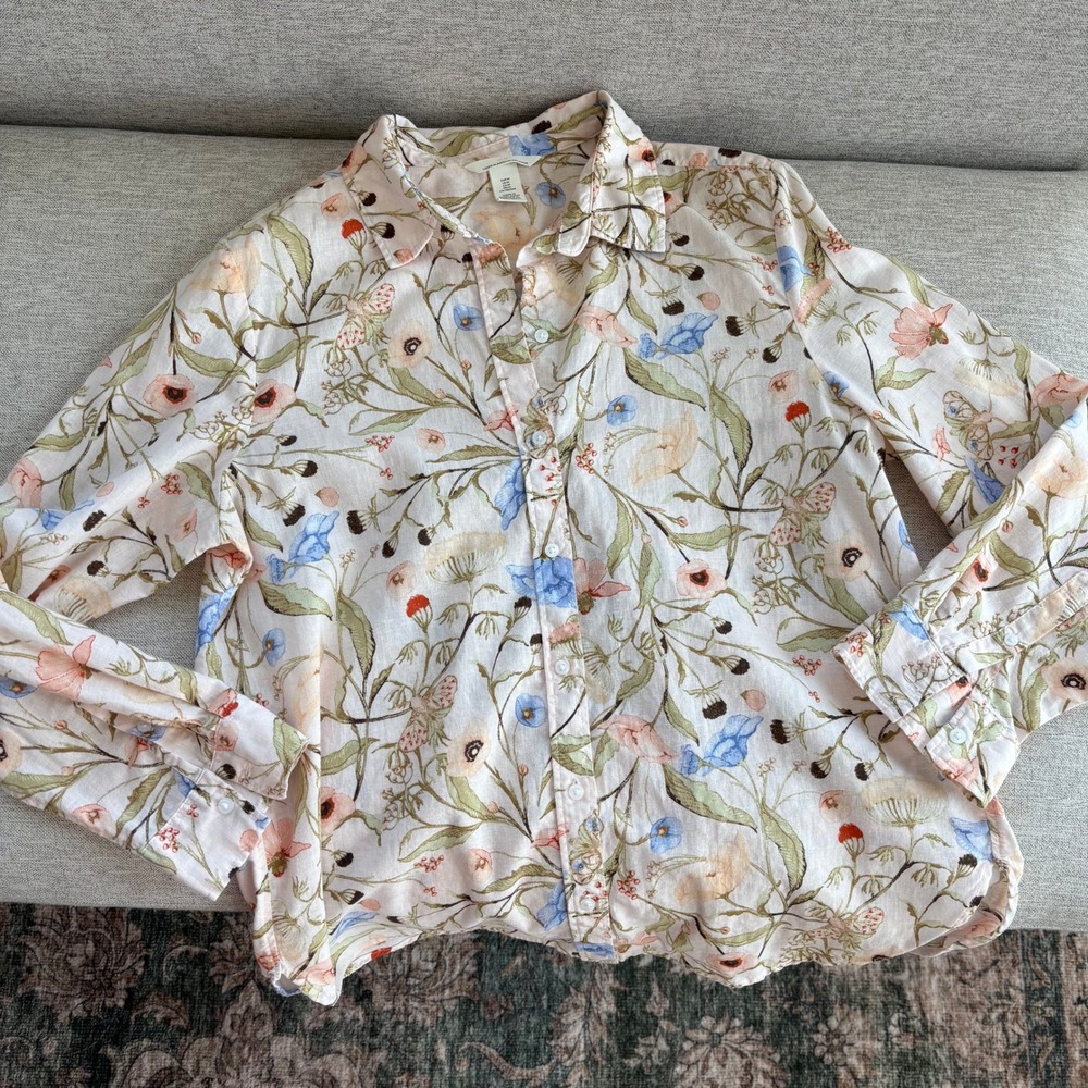H&M Floral Linen Button Down M Long Sleeve Cottage Garden Preppy Grandma Chic